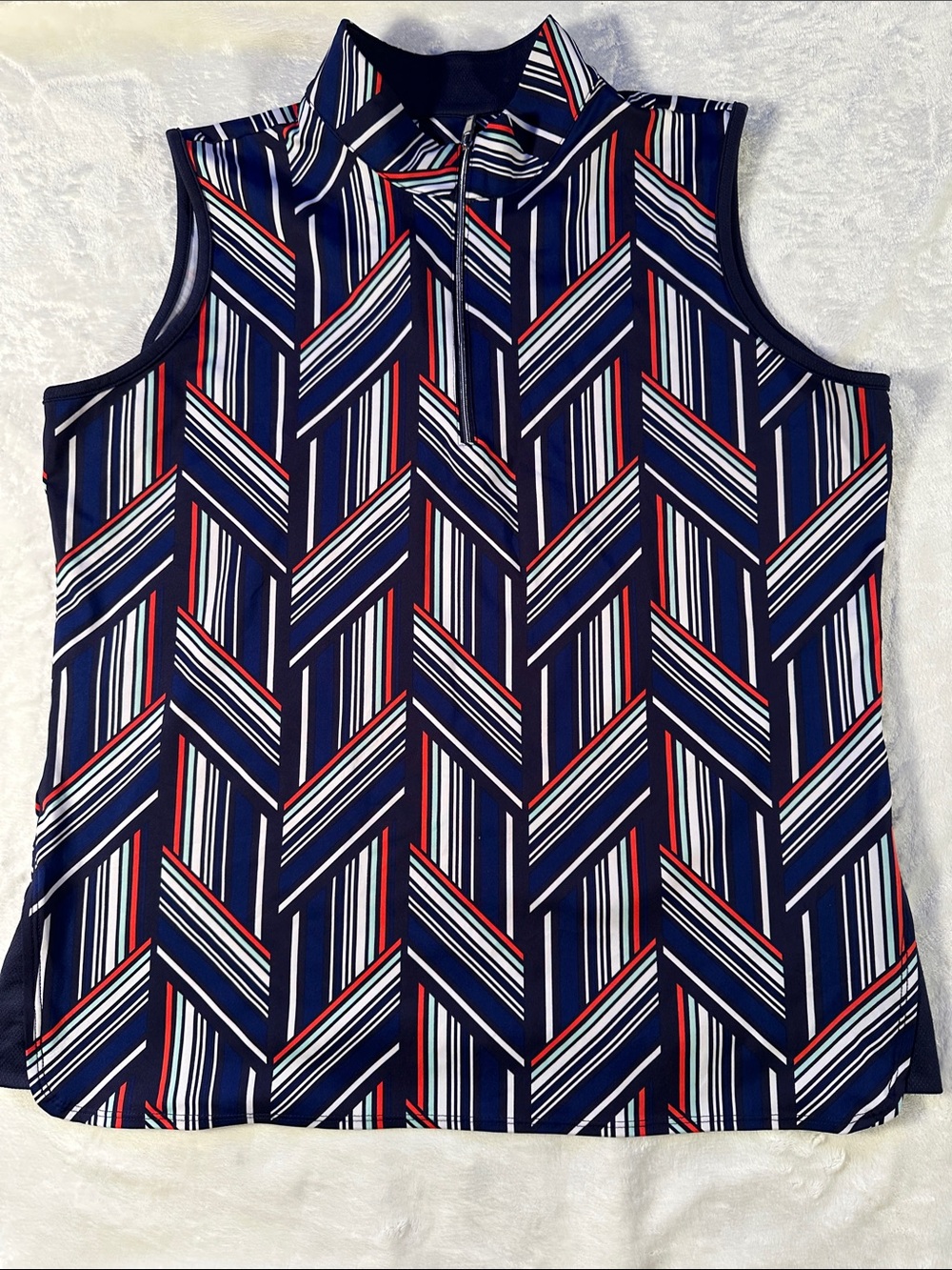 Navy Chevron Stripe Sleeveless Mock Neck Tank Top